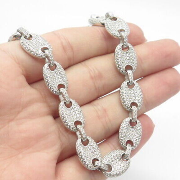 925 Sterling Silver Pave C Z Anchor Mariner Chain Necklace...